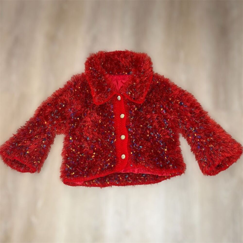 Homemade Button Up Fluffy Red & Multi Fringe Knit Cardigan Sweater, Women’s M/L